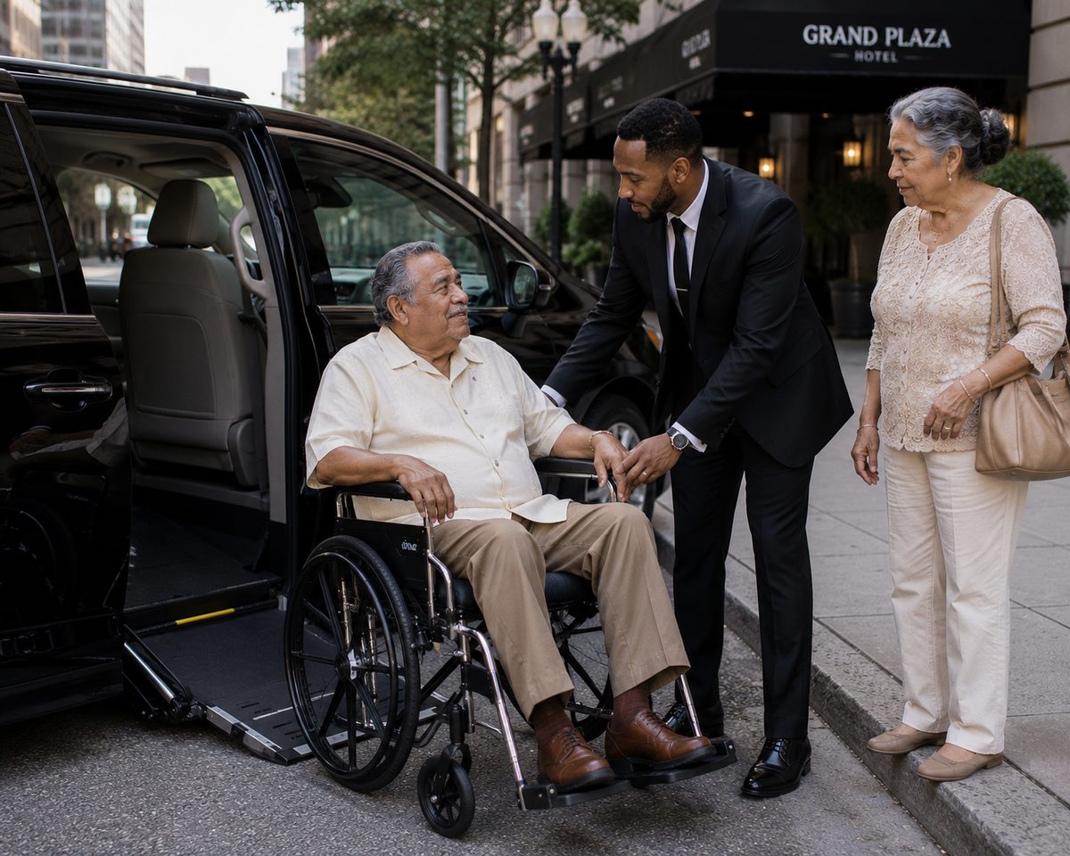 Chauffeur assisting a wheelchair user from a ramp-equipped van outside a hotel