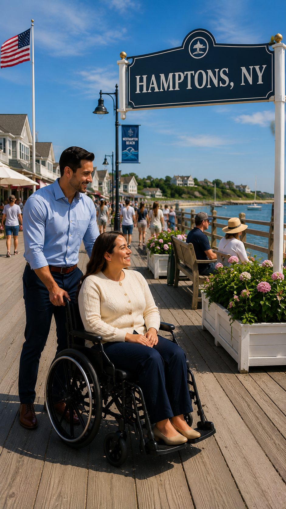 Companion pushing a wheelchair user along a boardwalk in the Hamptons, New York
