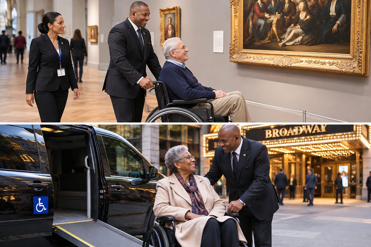 Wheelchair concierge escorts assisting clients at a museum and arriving at a Broadway theater in a wheelchair-accessible van